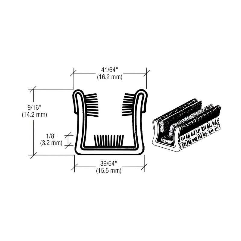 A technical diagram showing the profile dimensions of a black flexible glass run channel with internal pile lining.