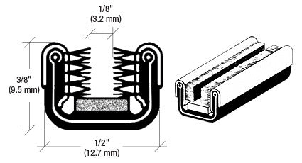 A technical diagram showing the cross-section and profile of a black flexible glass run channel for vintage trucks.