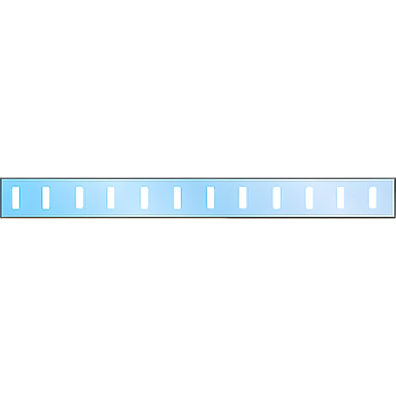A horizontal glass safety decal featuring a repeating pattern of white floating rectangles on a light blue background.