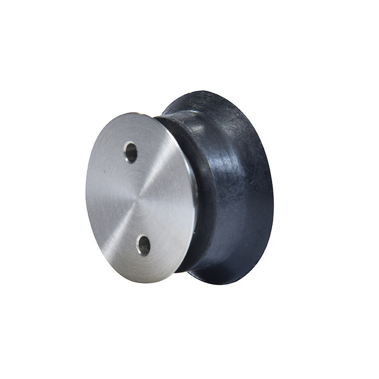 A close-up view of the brushed stainless steel flush mount glass support for sliding door systems.