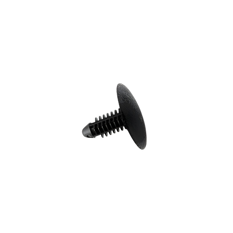A black plastic automotive fastener clip with a round head and ribbed stem.