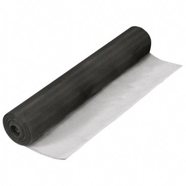 A roll of glossy black aluminum screen wire mesh shown against a white background.