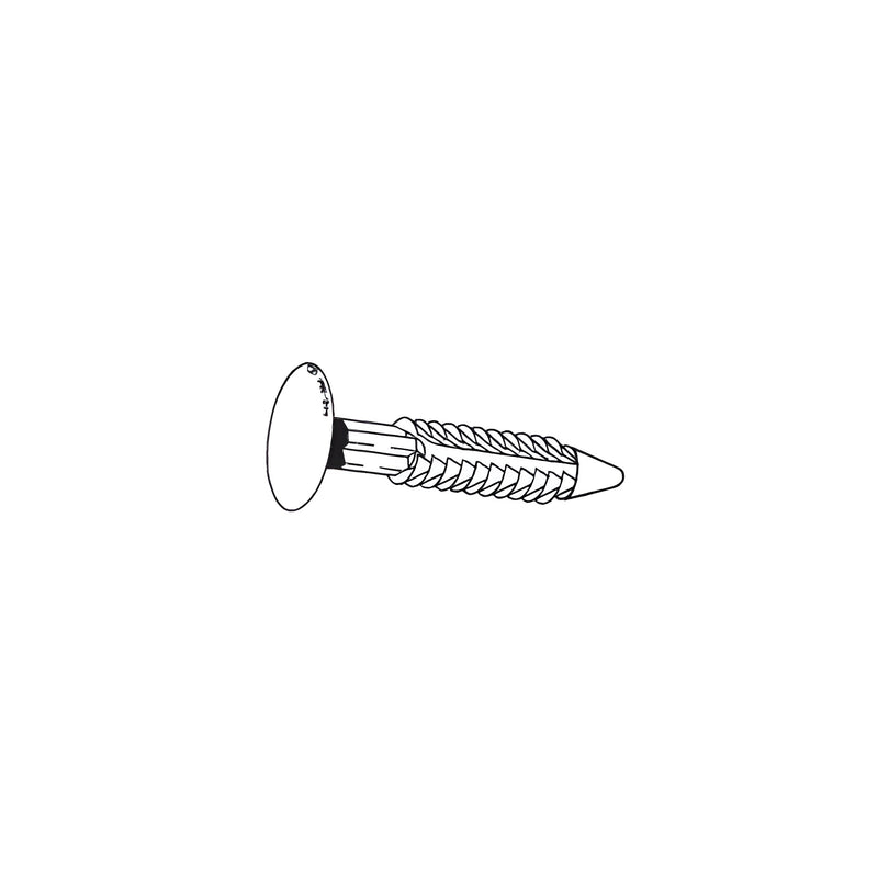 A line drawing of a plastic automotive bumper retainer with a flat head and ribbed shank.