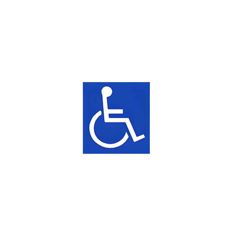 A square blue vinyl decal featuring the white international handicap access symbol.