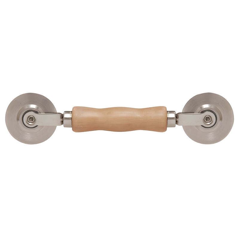 A heavy-duty steel combination roller tool with a hardwood handle and two 3-inch wheels on either end.