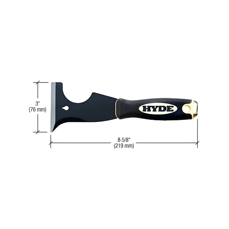 A Hyde 8-in-1 painter's tool with a 3-inch steel blade and soft grip handle shown with dimension lines.