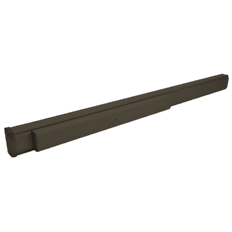A dark bronze Jackson 1285 electrified panic exit device bar for 48-inch aluminum doors.