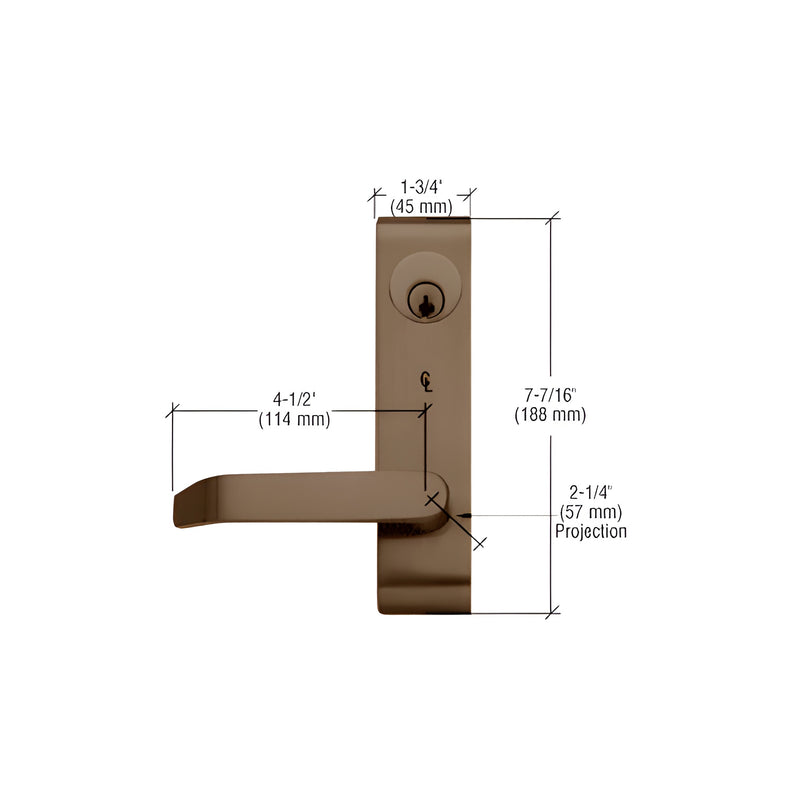 A technical diagram showing the dimensions of the dark bronze Jackson 7500 locking flat lever outside trim.