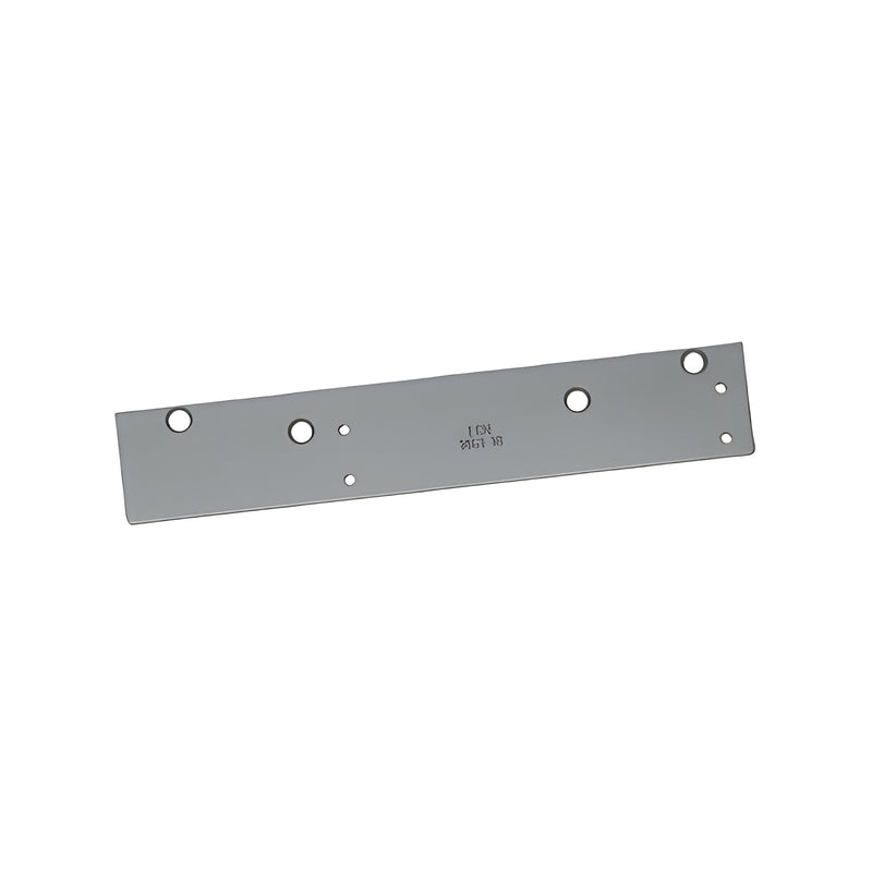 A rectangular aluminum drop plate for LCN 1460 series surface mounted door closers with pre-drilled mounting holes.