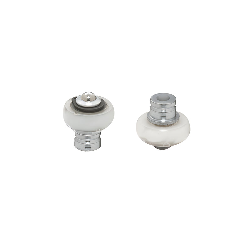 Two views of the LCN hold-open track roller assembly featuring a white nylon wheel and metal mounting post.