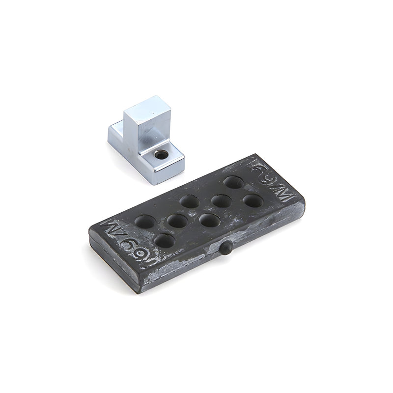 A metal track bumper component and a rectangular black rubber insert for an LCN 2030 series overhead concealed closer track assembly.