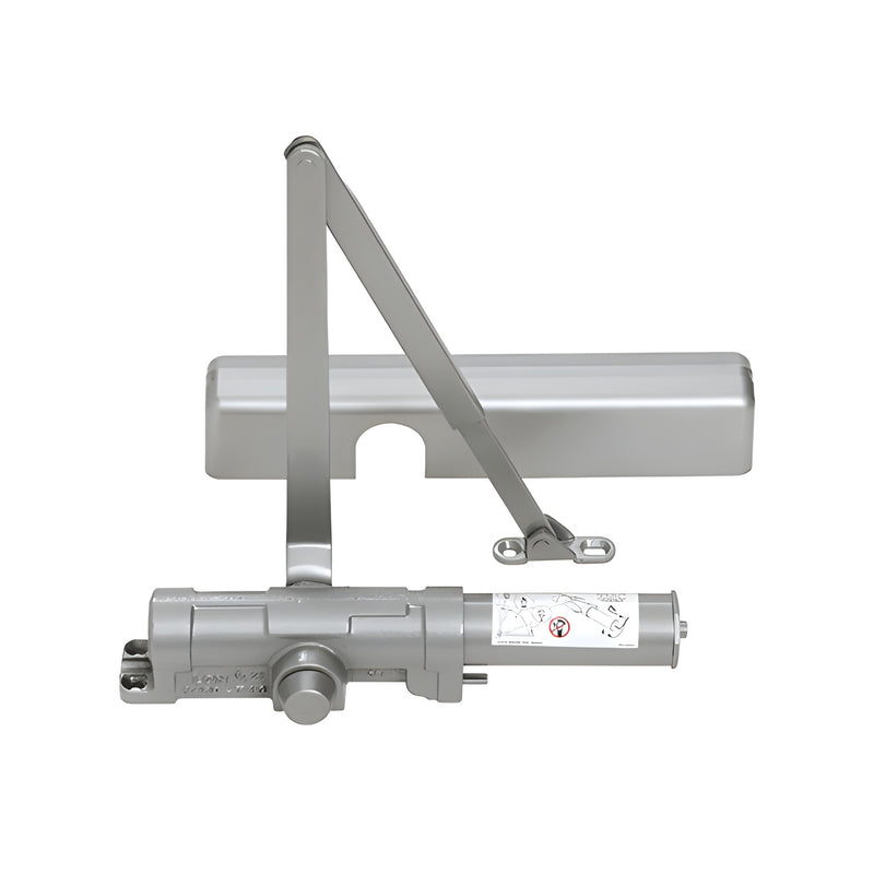 An aluminum surface-mounted door closer with an adjustable arm and protective cover shown against a white background.