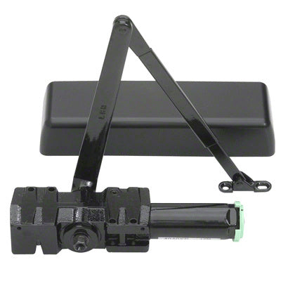 A gloss black LCN surface-mounted door closer with an adjustable arm and mounting plate shown against a white background.