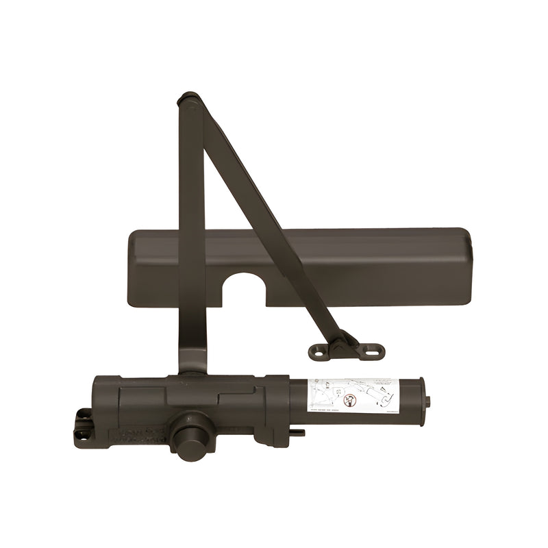 A dark bronze LCN surface mounted door closer with an adjustable arm and protective cover.
