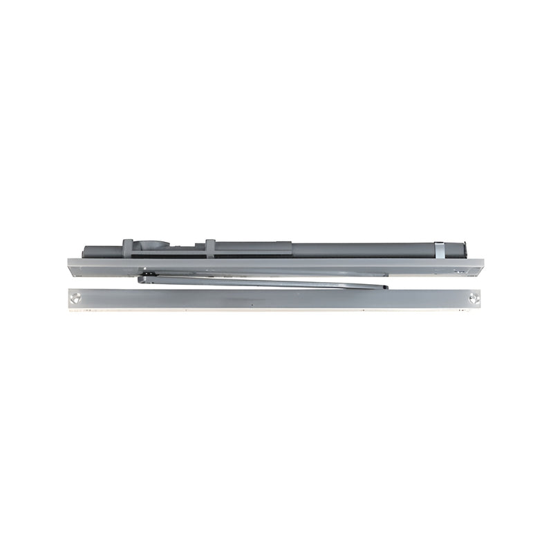 An aluminum LCN overhead concealed door closer with a slide track and mounting plate shown from a top-down perspective.