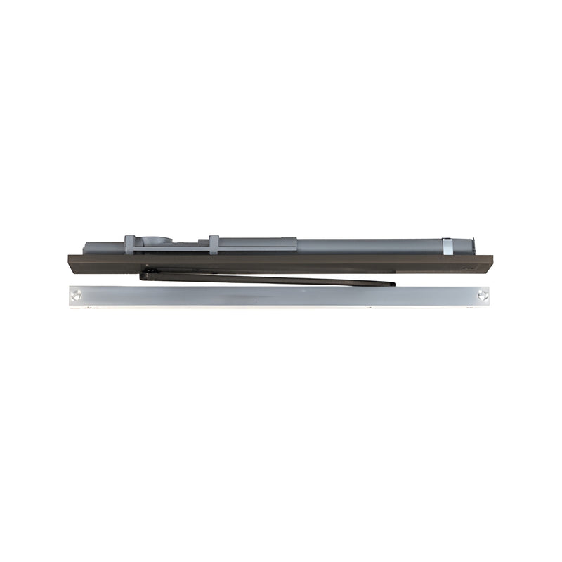 A dark bronze LCN overhead concealed door closer with a slide track and mounting hardware.