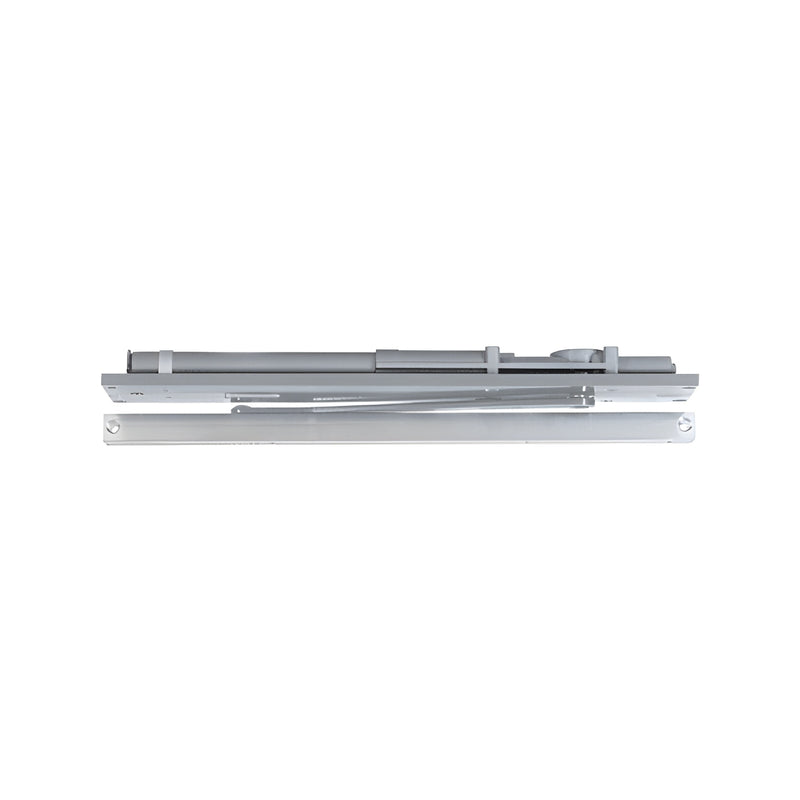 An aluminum LCN overhead concealed door closer with a slide track and mounting plate shown from a side profile view.