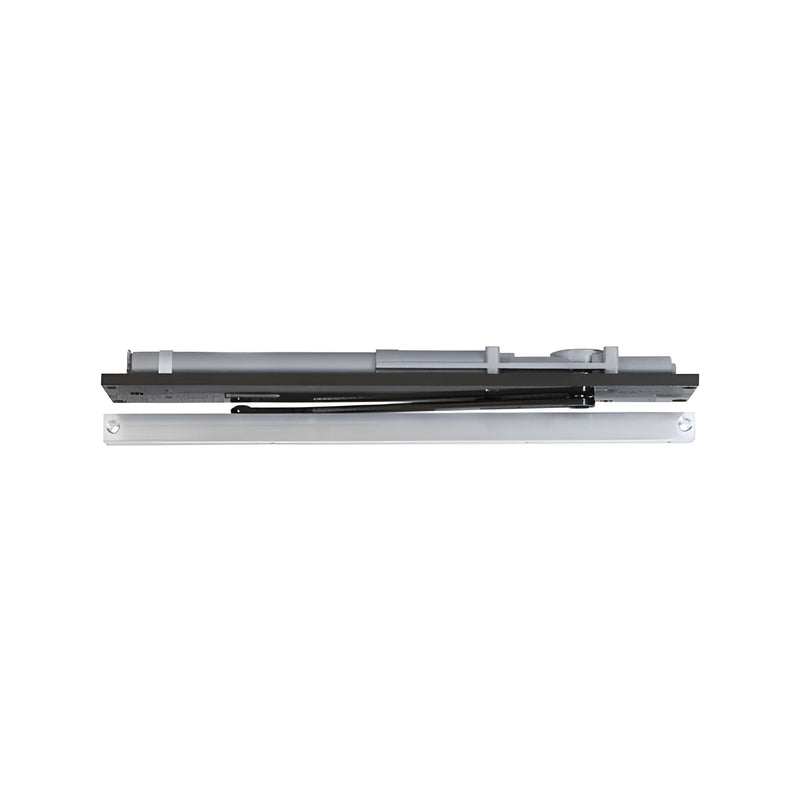 A top-down view of an LCN overhead concealed door closer mechanism with a dark bronze finish and a metal slide track.