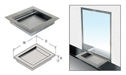 A brushed stainless steel drop-in deal tray shown with dimensional diagrams and an installation example beneath a transaction window.