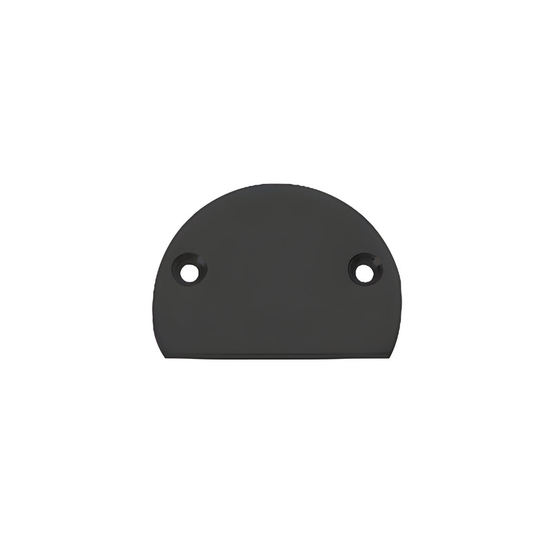 A semi-circular matte black decorative end cap featuring two pre-drilled mounting holes.