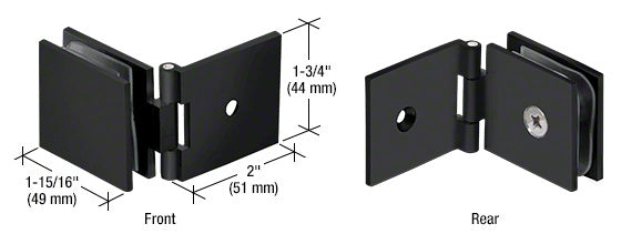 Front and rear views of a matte black adjustable square wall mount glass clamp showing dimensions.