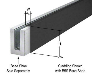 A matte black aluminum cladding piece is shown attached to a B5S series square base shoe, highlighting the height and width dimensions.