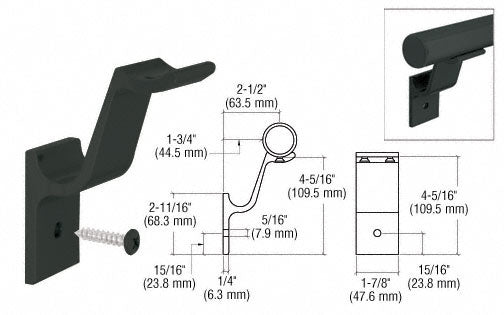 A matte black aluminum hand rail bracket shown with technical dimension drawings and a screw for 1-1/2 inch diameter tubing.
