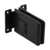 A matte black Atlas series wall-mount glass door hinge shown from an angled perspective.