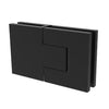 A matte black Bellagio glass-to-glass hinge shown in its fully assembled state.