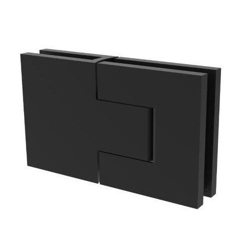 A matte black Bellagio glass-to-glass hinge shown in its fully assembled state.