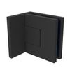A matte black Bellagio wall mount hinge shown in a fully assembled, closed position.