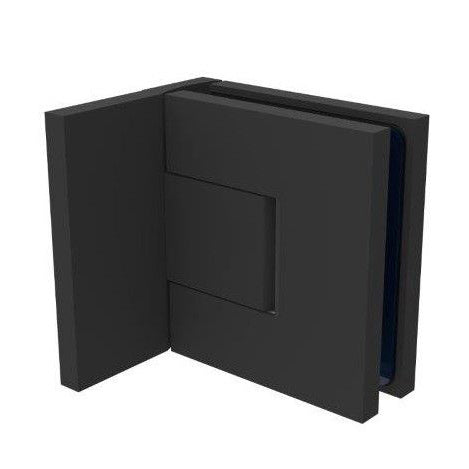 A matte black Bellagio wall mount hinge shown in a fully assembled, closed position.