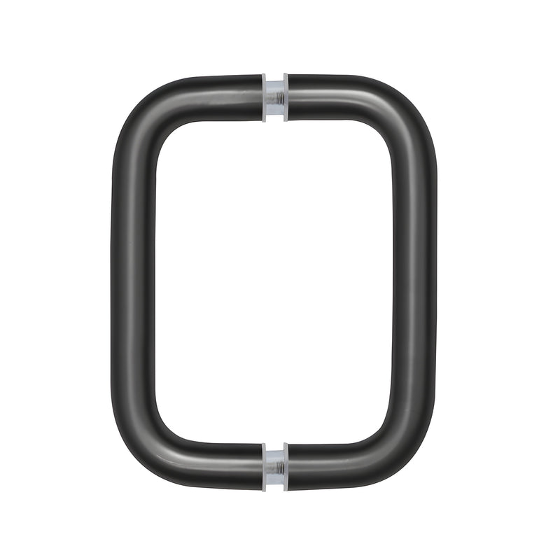 A front-facing view of the matte black solid brass back-to-back pull handle.