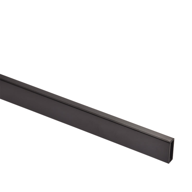 A close-up view of a rectangular matte black stainless steel header bar for a Cavoli sliding shower door system.