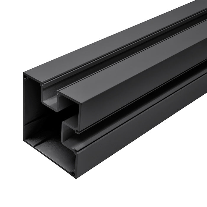 A close-up view of a matte black Cielo corner post featuring a specialized channel design for glass railing systems.