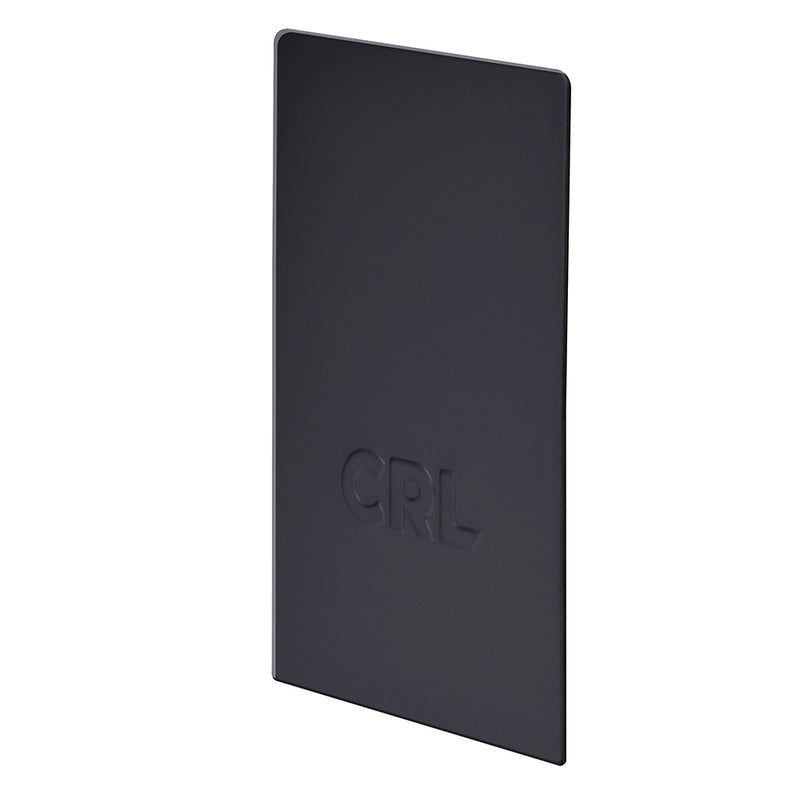An angled view of a matte black brass end cap for a B7S series square base shoe featuring the CRL logo.