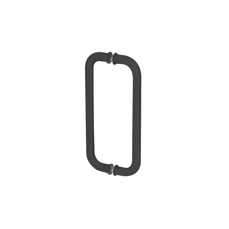 A matte black back-to-back glass mounted pull handle shown in isolation.