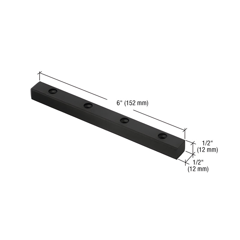 A matte black header mounted double door stop shown with dimension lines indicating a 6-inch length and 1/2-inch by 1/2-inch profile.