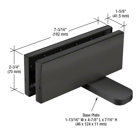 A technical diagram showing the dimensions of a matte black hydraulic patch fitting for glass doors.