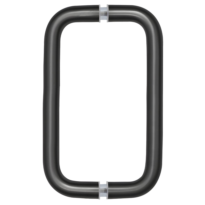 A front-facing view of the matte black solid brass back-to-back pull handle.