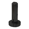 A matte black stainless steel round surface mount windscreen clamp for frameless glass panels.