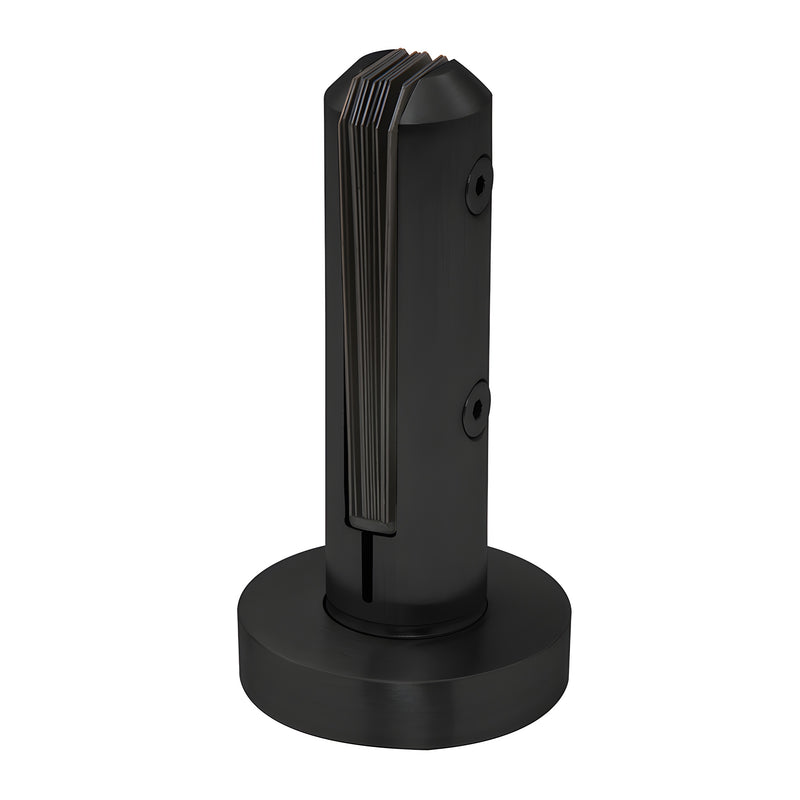 A matte black stainless steel round surface mount windscreen clamp for frameless glass panels.