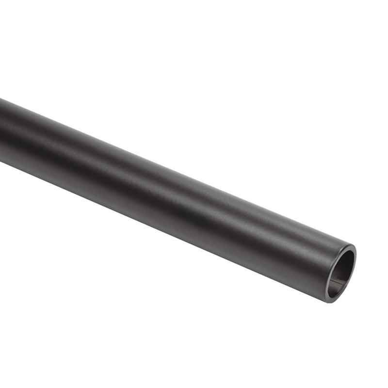 A close-up view of the matte black stainless steel header bar for a Colonia sliding shower door system.