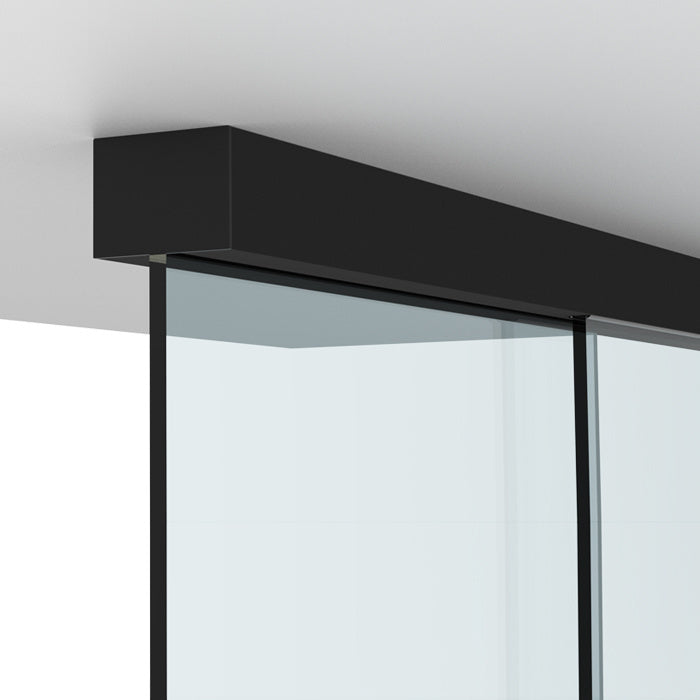 A close-up view of the matte black track system for a sliding glass door.
