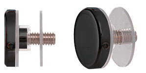 Two views of a matte black stainless steel standoff cap assembly showing the threaded stud and clear protective washers.