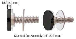 Two matte black stainless steel standoff cap assemblies with 1/4-20 threaded studs and clear plastic washers shown side by side.