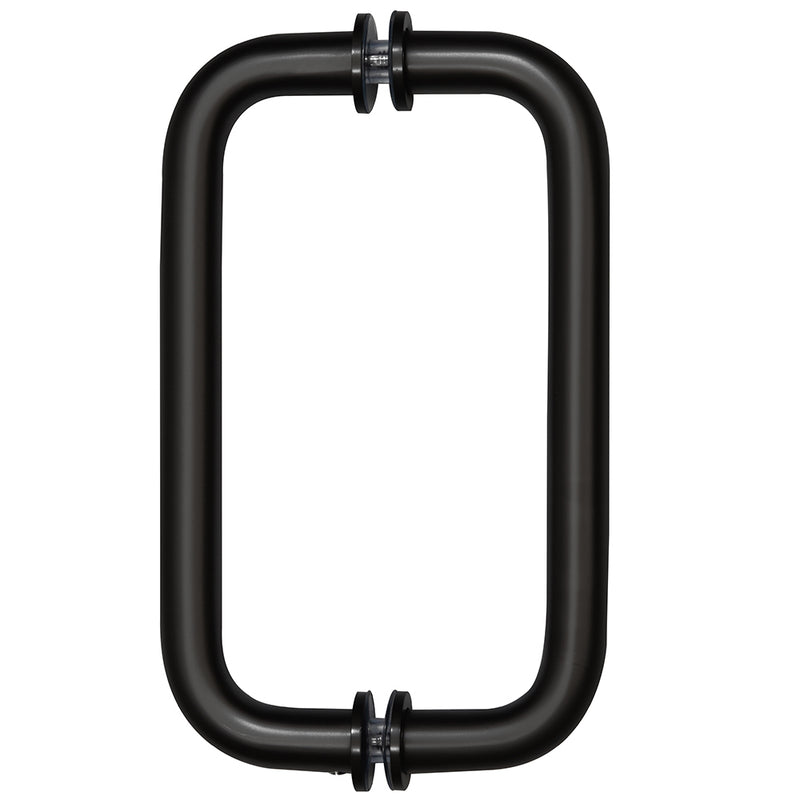 A front-facing view of the matte black tubular back-to-back pull handle showing the mounting washers.