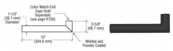 A technical diagram and product photo showing a 90-degree matte black aluminum wall hand rail return for 1-1/2 inch diameter tubing.