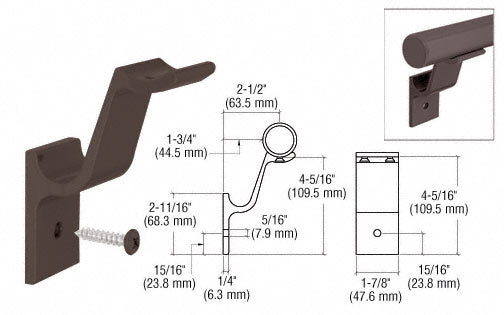 A matte bronze aluminum hand rail bracket shown with technical dimension drawings and an installation example for 1-1/2 inch tubing.
