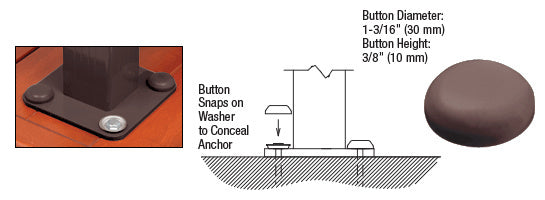 A diagram and photo showing matte bronze plastic bolt cover buttons snapping onto a railing post anchor base.